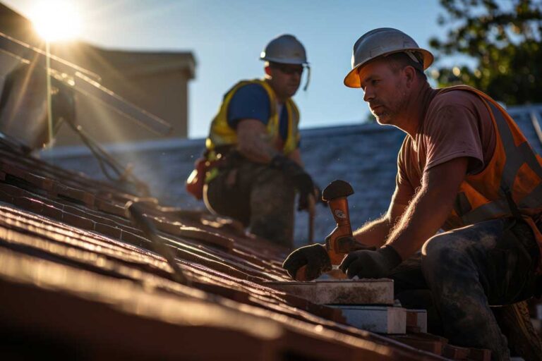 Roofing samples with rating labels beside a sunlit residential attic and reflective roof surface.